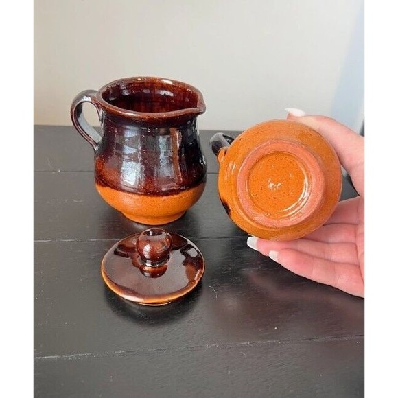 Set of vintage cream and sugar pottery with lid - Picture 8 of 10